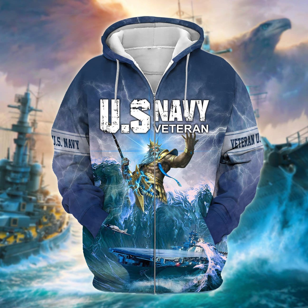 Unique Poseidon US Navy Veteran Zip Hoodies 3D Collection | Brosvet