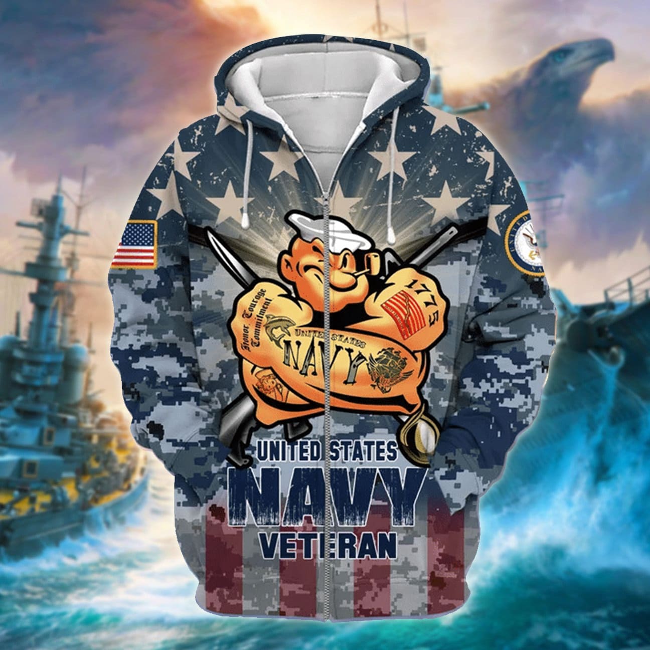 Unique Popeye US Navy Veteran Zip Hoodies 3D Collection | Brosvet