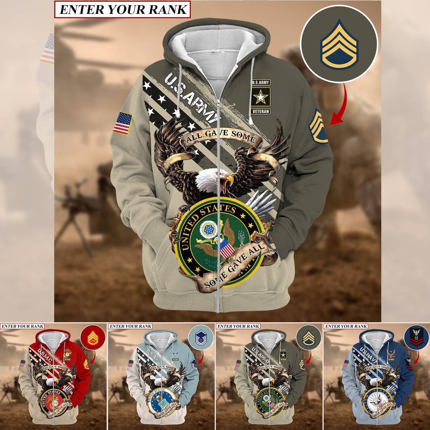 Premium Multiple US Military Services Veteran Zip Hoodie PVC241002