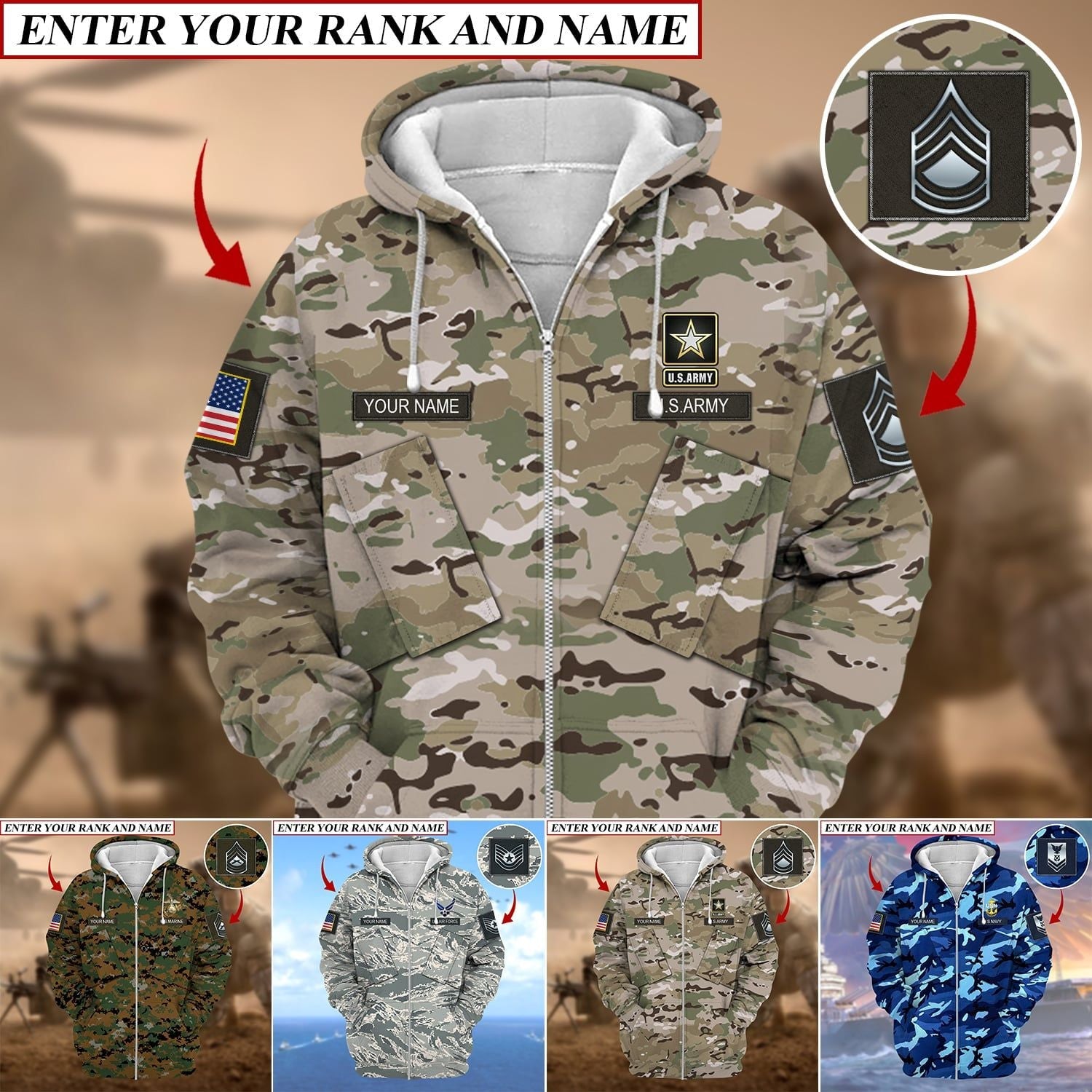 Premium Multiple US Military Services Veteran Zip Hoodie PVC221001