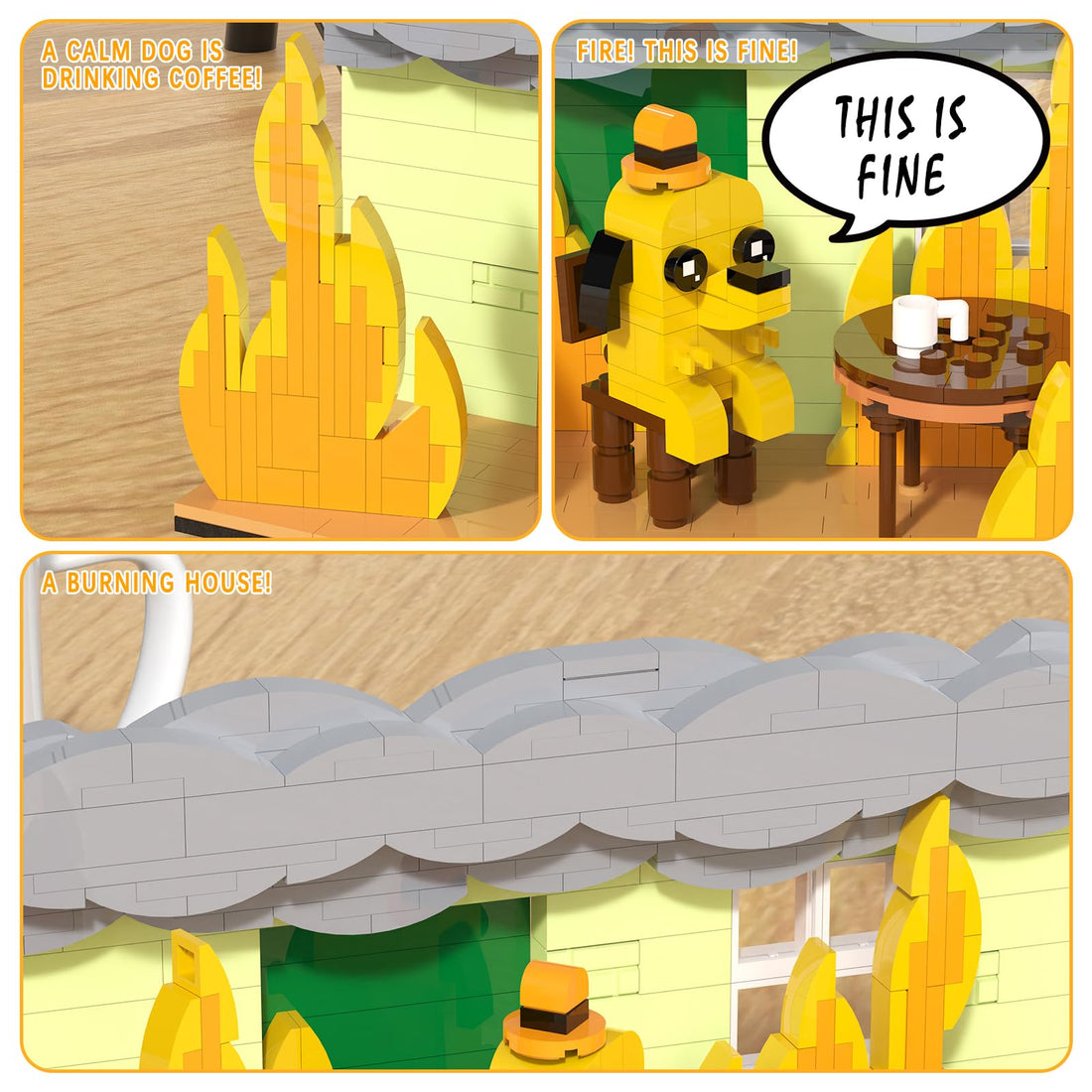 "This is Fine" Meme Dog Set - Fun Building Block Model for Meme Lovers, Gift for Adults and Kids