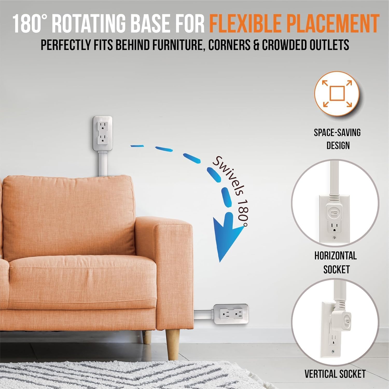 Retractable & Rotatable Wall Outlet Extender – 180° Swivel + 1.5 m Cord, No-Drill Mount