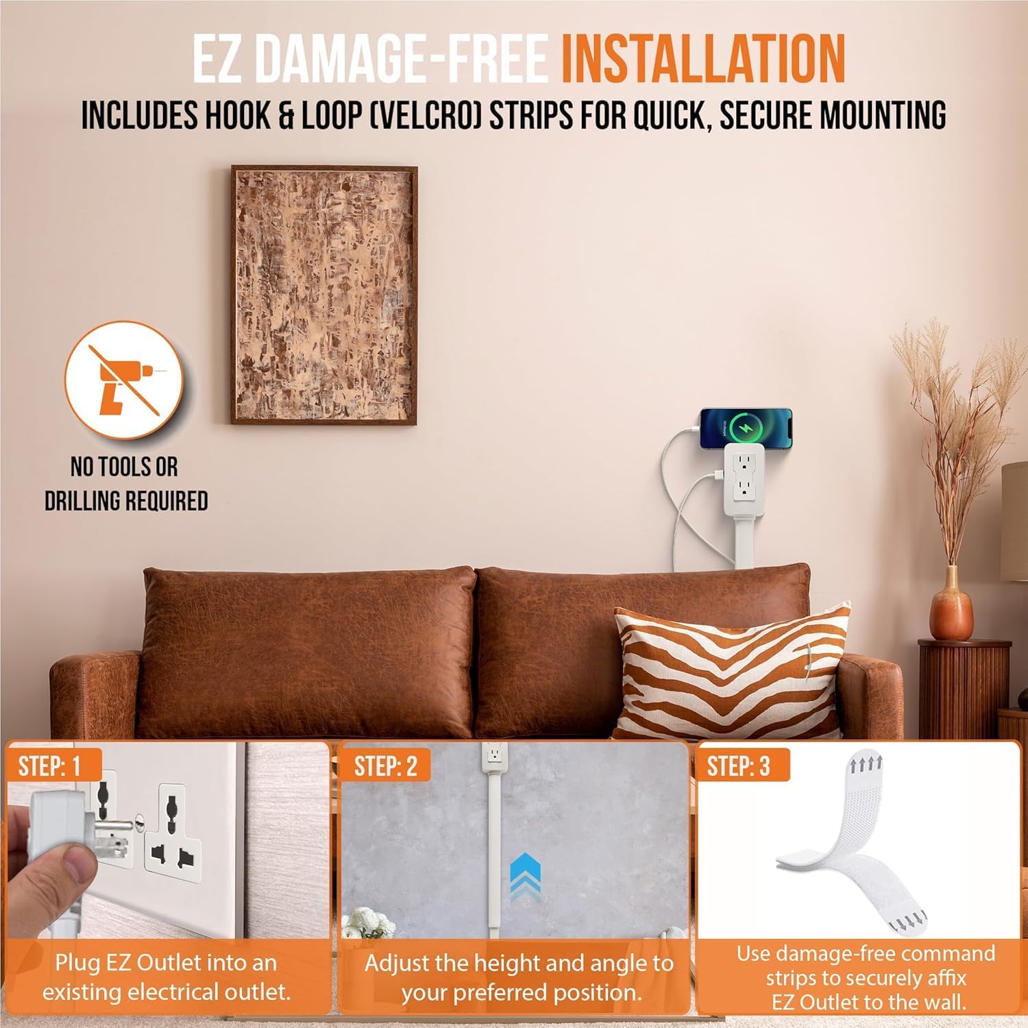 Retractable & Rotatable Wall Outlet Extender – 180° Swivel + 1.5 m Cord, No-Drill Mount