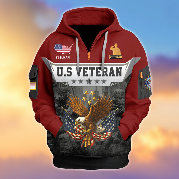 Veterans Half-zip Hoodie, Custom Name Hoodie, Great Gift for Veterans Day Memorial Day Zip05112501