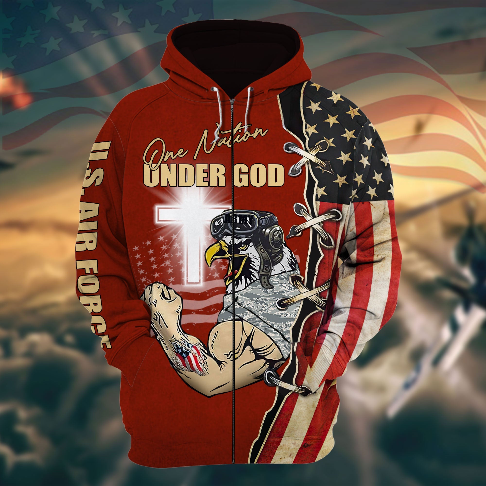 One Nation Under God Veteran 3D Zip Hoodies Personalized VN221202MH