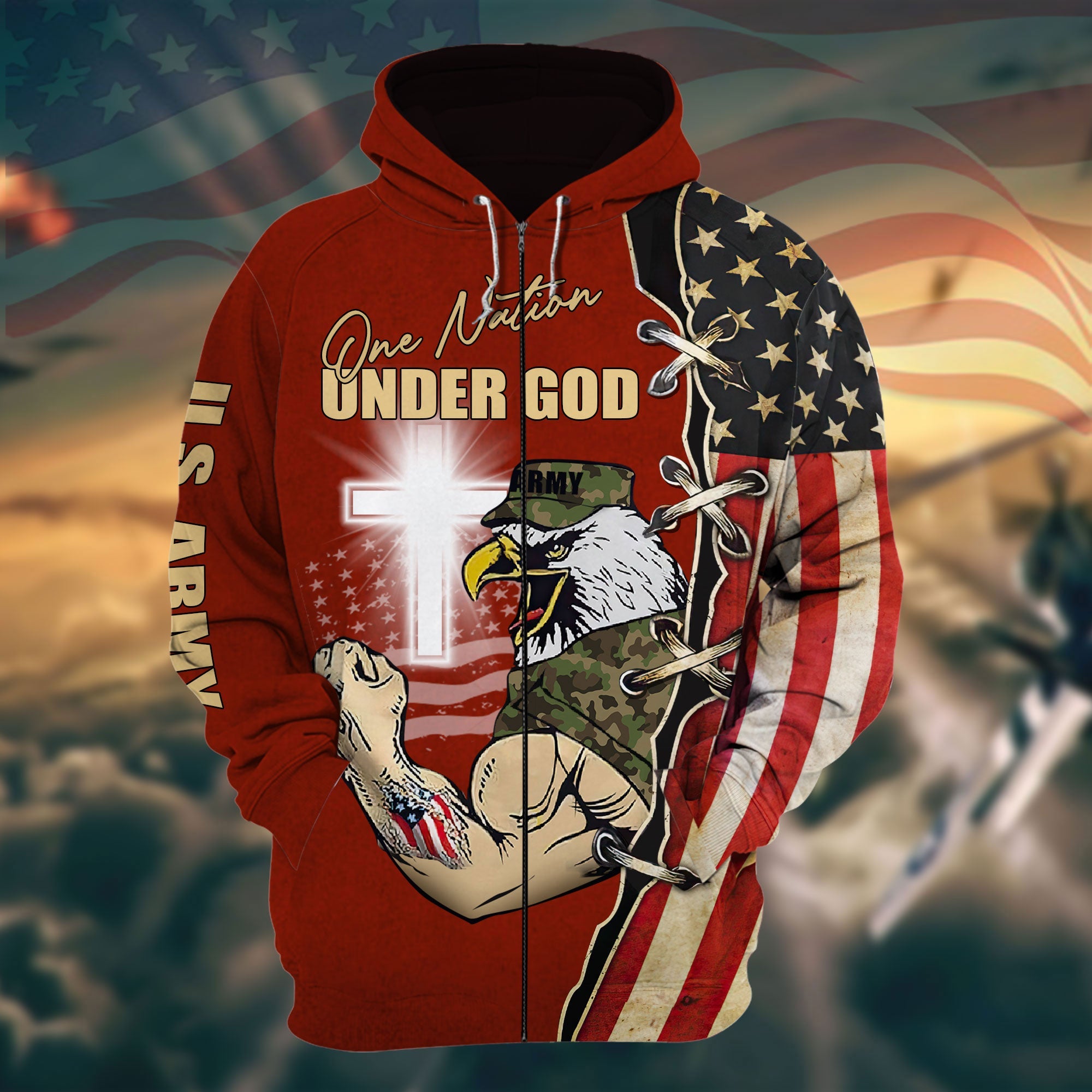 One Nation Under God Veteran 3D Zip Hoodies Personalized VN221202MH