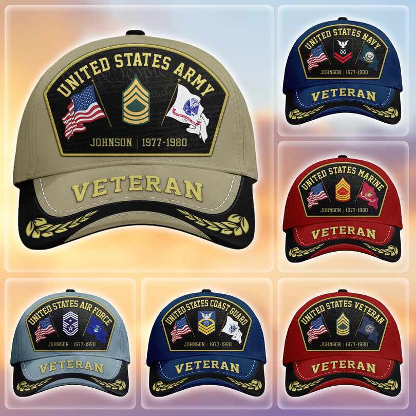 Custom Name & Rank Veterans Baseball Hat Personalized  Men’s Cap Great Gift for Veterans Day Memorial Day CAP29102501