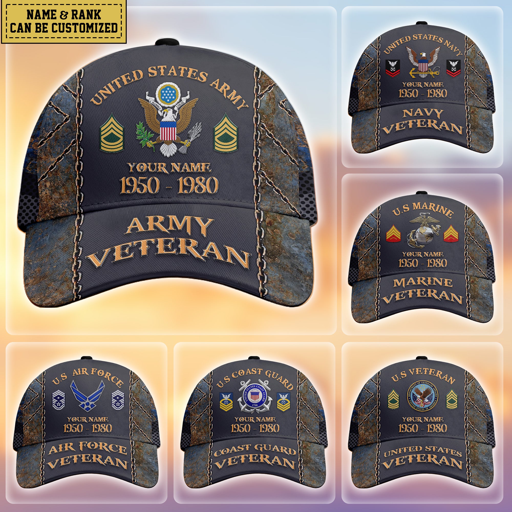 Custom Name & Rank Veterans Baseball Hat Personalized  Men’s Cap Great Gift for Veterans Day Memorial Day CAP27102025