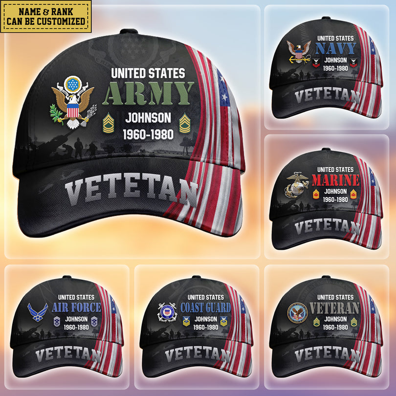 Custom Name & Rank Veterans Baseball Hat Personalized  Men’s Cap Great Gift for Veterans Day Memorial Day CAP28102501