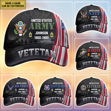 Custom Name & Rank Veterans Baseball Hat Personalized  Men’s Cap Great Gift for Veterans Day Memorial Day CAP28102501