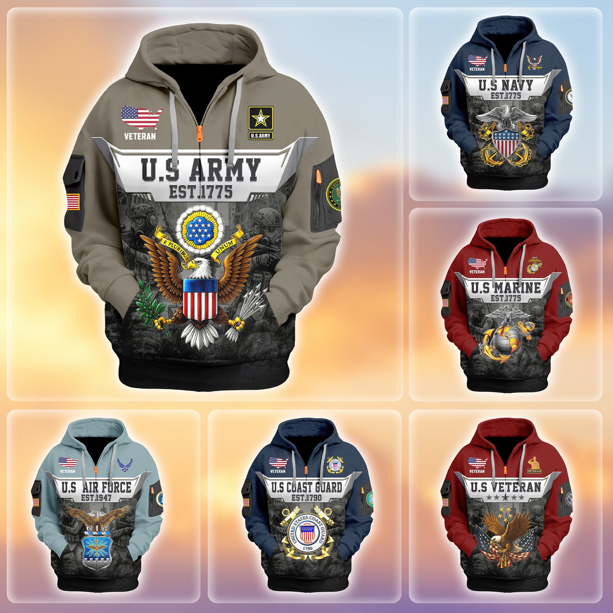 Veterans Half-zip Hoodie, Custom Name Hoodie, Great Gift for Veterans Day Memorial Day Zip05112501
